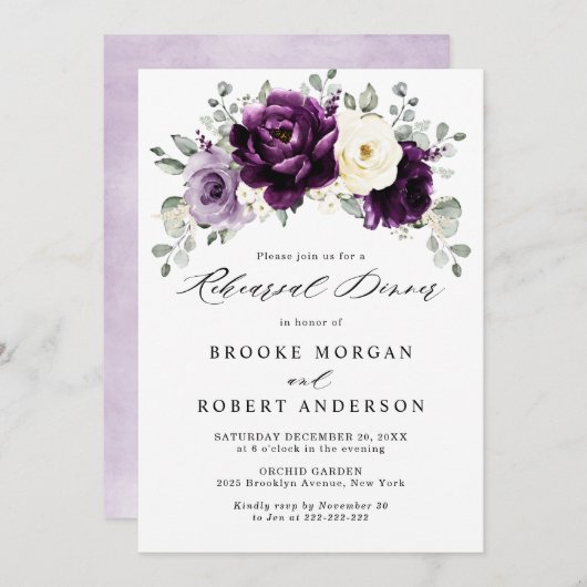 Egaplant Paars Plum Ivory White Rehearings Dinner Kaart (Voorkant / Achterkant)