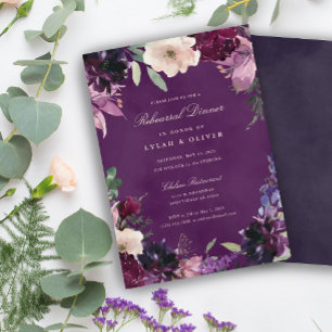 Egaplant Paarse Floral Wedding Rehearsal Dinner Kaart