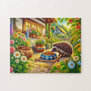 Egel bij kattenvoer op terras legpuzzel