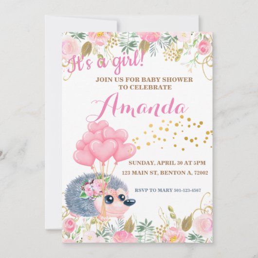 Egel-boegballonnen roze florale baby shower kaart (Voorkant)