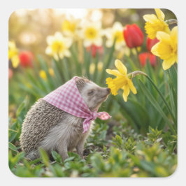 Egel die een gele narcis besnuffelt vierkante sticker