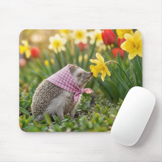 Egel die een gele narcis ruikt muismat (Met muis)