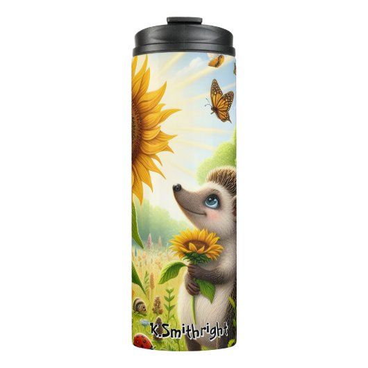 Egel die een zonnebloem ruikt thermosbeker (Voorkant)