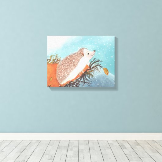 Egel en eerste sneeuwvlokken canvas afdruk (Insitu (Houten vloer))