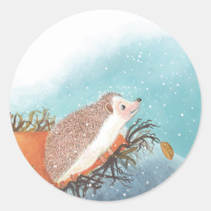 Egel en eerste sneeuwvlokken ronde sticker