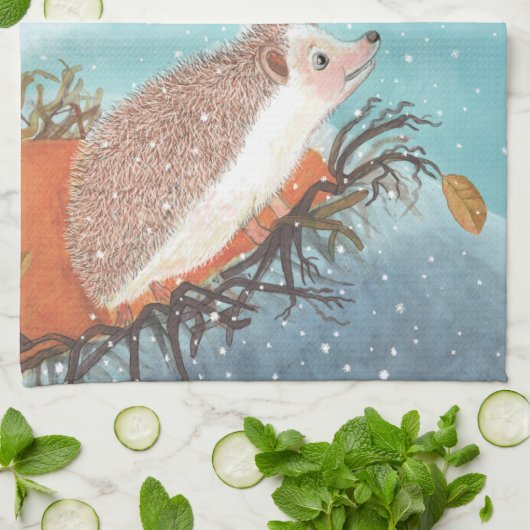 Egel en eerste sneeuwvlokken theedoek (Gevouwen)