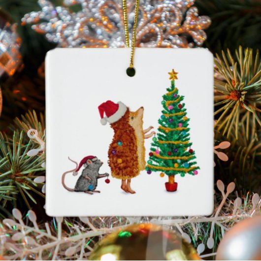 Egel- en muiskerstboom keramisch ornament