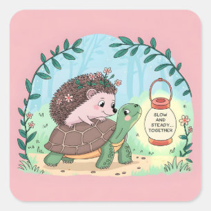 Egel en Schildpad "Langzaam en Gestaag Samen" ,Een Vierkante Sticker