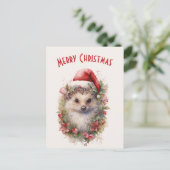 Egel in een Santa Hat Red Poinsettia Kerstmis Briefkaart (Staand voorkant)