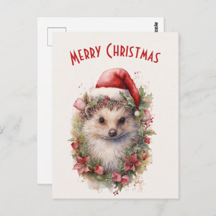 Egel in een Santa Hat Red Poinsettia Kerstmis Briefkaart