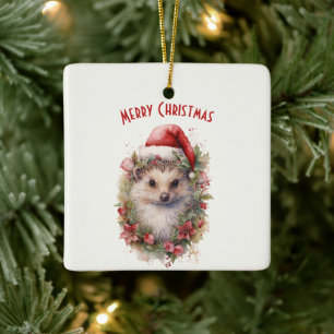 Egel in een Santa Hat Red Poinsettia Kerstmis Keramisch Ornament