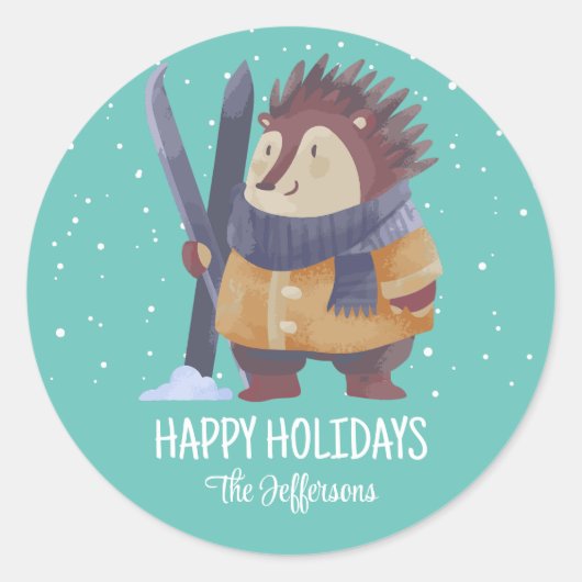 Egel Kerstmis Snowy Winter Holiday Ronde Sticker (Voorkant)