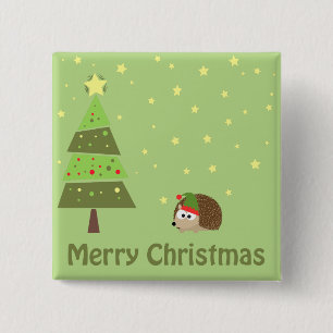 Egel kerstscène vierkante button 5,1 cm