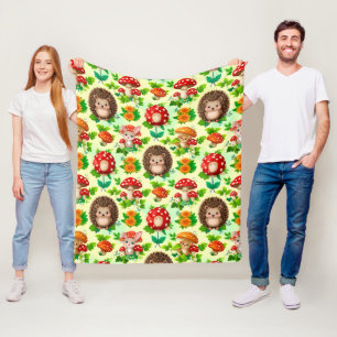 Egel, Konijn, Paddenstoelen en Felgekleurde Bloeme Fleece Deken