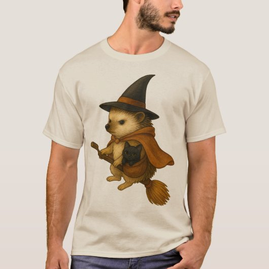 Egel met Baby Black Cat Riding met toverstok T-shirt (Voorkant)