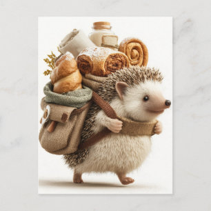 Egel met een rugzak gevuld met gebak feestdagenkaart