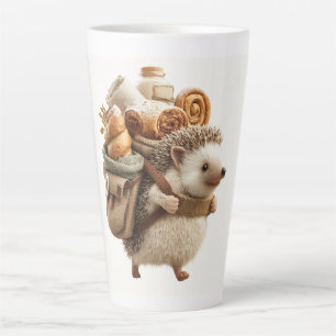Egel met een rugzak gevuld met gebak latte mok