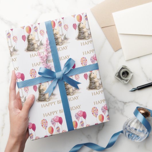 Egel met roze ballonnen Happy Birthday Cadeaupapier (Geschenken)