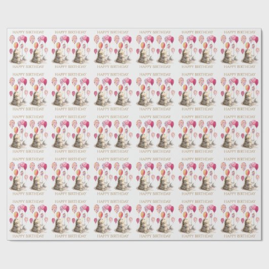 Egel met roze ballonnen Happy Birthday Cadeaupapier (Vlak)