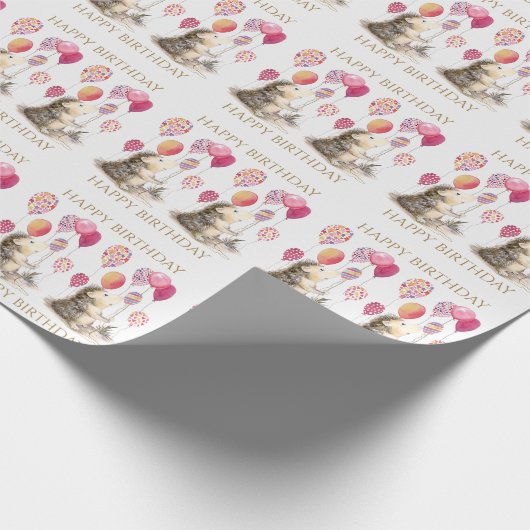 Egel met roze ballonnen Happy Birthday Cadeaupapier (Hoek)