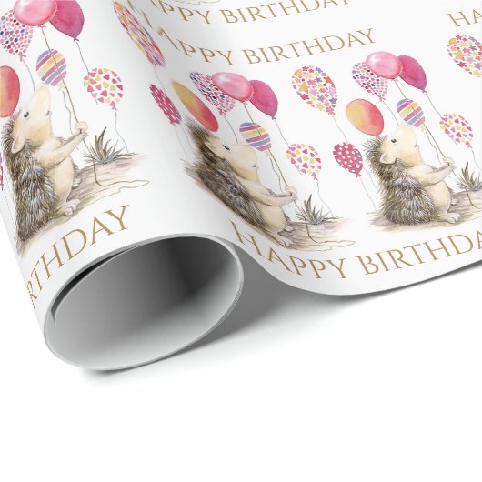 Egel met roze ballonnen Happy Birthday Cadeaupapier (Rol Hoek)