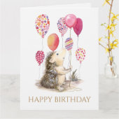 Egel met roze ballonnen Happy Birthday Kaart (Gele Bloem)