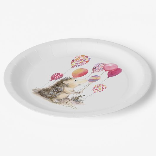 Egel met roze ballonnen papieren bordje (Gekanteld)