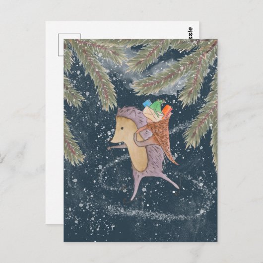 Egel op ski's. Mandje met cadeau op de schouder Briefkaart (Voorkant / Achterkant)