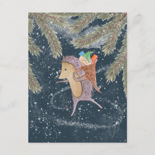 Egel op ski's. Mandje met cadeau op de schouder Briefkaart (Voorkant)