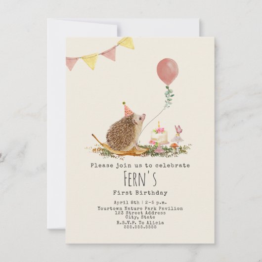 Egel roze ballonbos eerste verjaardag kaart (Voorkant)
