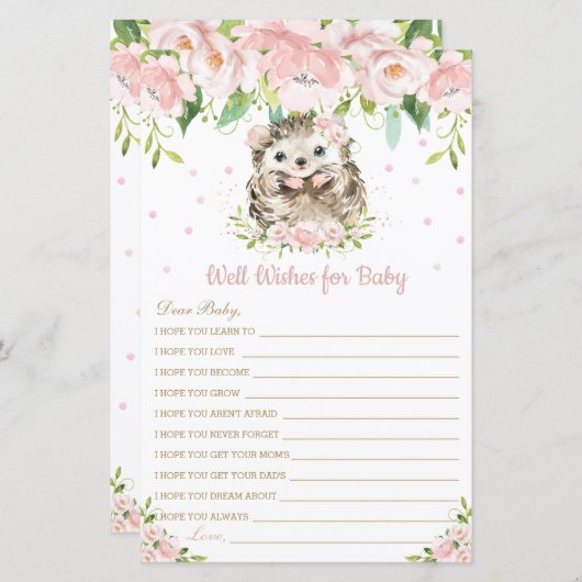 Egel roze Floral wil een Baby kaart (Voorkant / Achterkant)