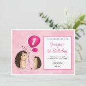 Egels met ballon - 1ste verjaardag - Roze Kaart (Staand voorkant)