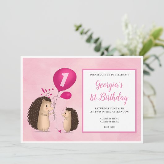 Egels met ballon - 1ste verjaardag - Roze Kaart (Staand voorkant)