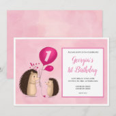 Egels met ballon - 1ste verjaardag - Roze Kaart (Voorkant / Achterkant)