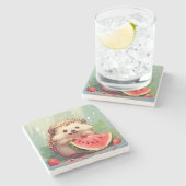 Egels met een stukje watermeloen stenen onderzetter (Zijkant)