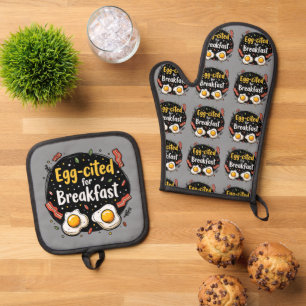 Egg-aangehaald voor Ontbijt Funny Foodie Pun Desig Ovenwant & Pannenlap Set