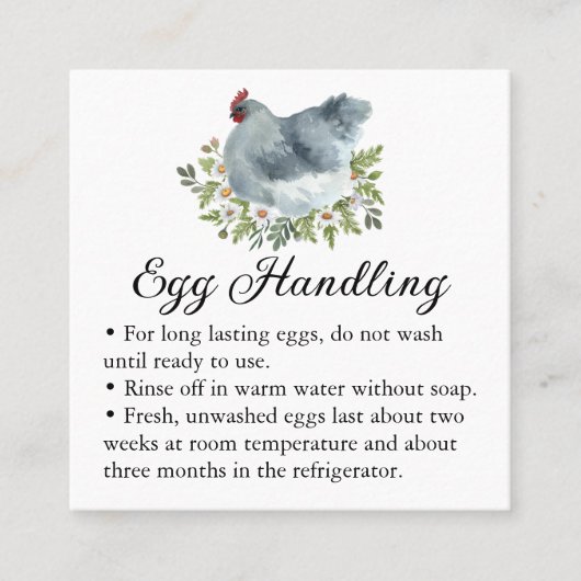 Egg Handling Care Instructions Floral Chicken Hen Vierkante Visitekaartje (Voorkant)