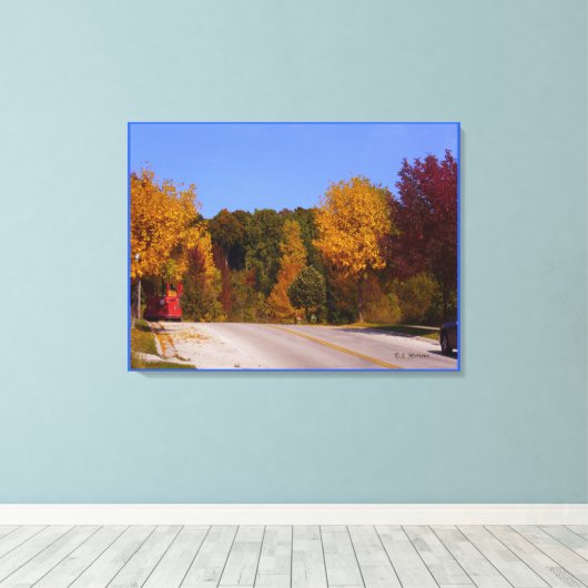 Egg Harbour, WI Herfst Season with Trolley Car Canvas Afdruk (Insitu (Houten vloer))
