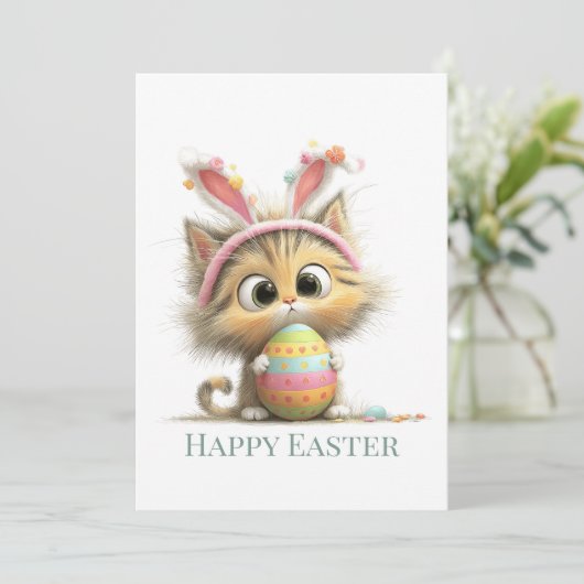 Egg-stra Cute Easter Cat Flat Greeting Card Feestdagenkaart (Staand voorkant)