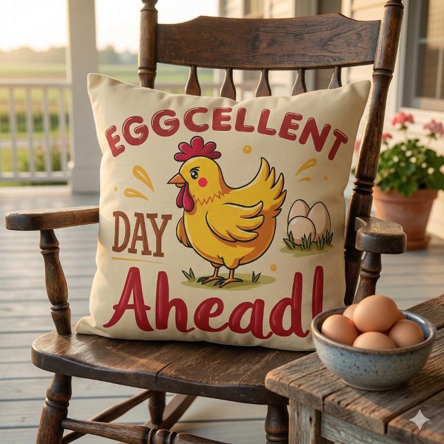 Eggcellent Day Ahead Funny Chicken Boerderij Kussen (Eggcellent Day Ahead Funny Chicken Farm Throw Pillow Mockup A)