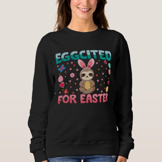 Eggcited For Easter Bunny Sloth Rabbit Funny Kids Trui (Voorkant)