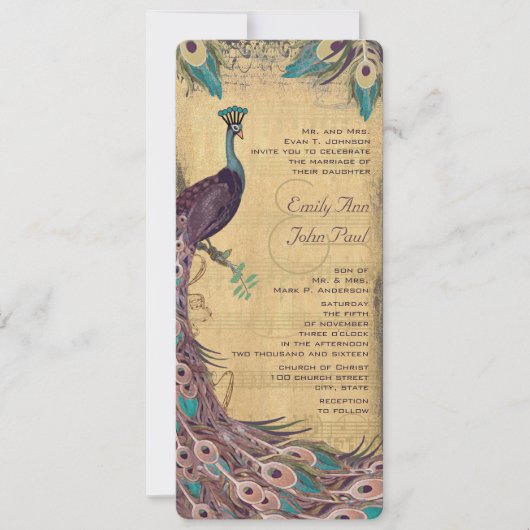 Eggplant Aqua  Peacock Wedding Kaart (Voorkant)