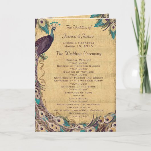 Eggplant Aqua  Peacock Wedding Programme Programma (Voorkant)
