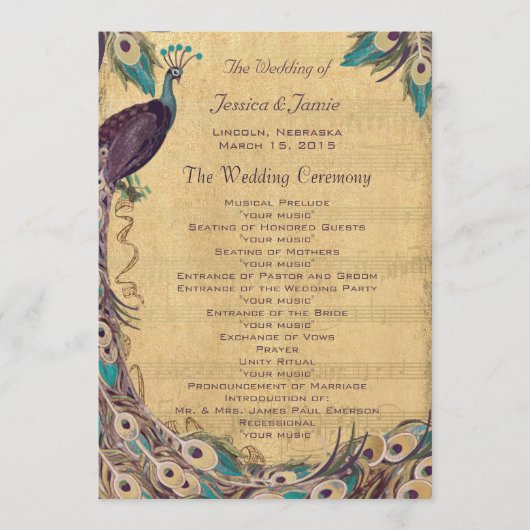 Eggplant Aqua  Peacock Wedding Programme Programmakaart (Voorkant)