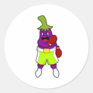 Eggplant bij Boxing met boxinghandschoenen Ronde Sticker