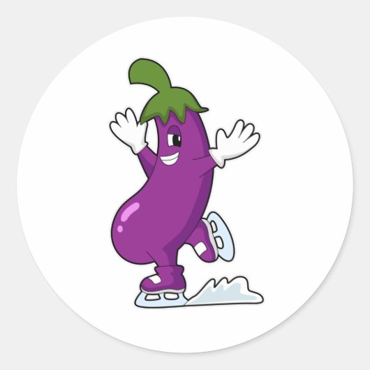 Eggplant bij ijsschaatsen met ijsschaatsen ronde sticker (Voorkant)