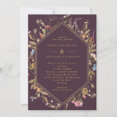 Eggplant Boho Wildbloemen Gold Geo Lijst Weddensch Kaart (Voorkant)