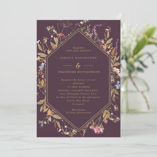 Eggplant Boho Wildbloemen Gold Geo Lijst Weddensch Kaart (Staand voorkant)