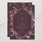 Eggplant Boho Wildbloemen Gold Geo Lijst Weddensch Kaart (Voorkant / Achterkant)