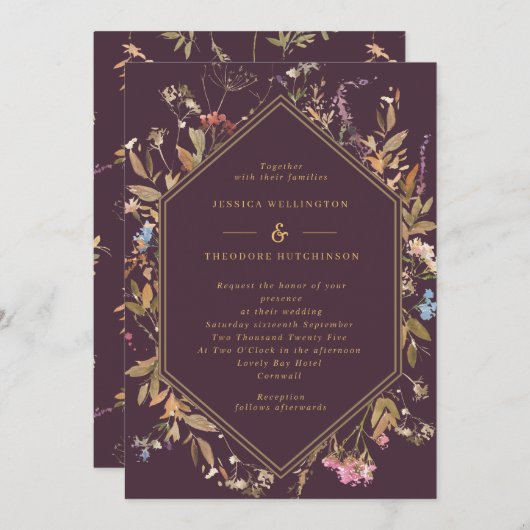 Eggplant Boho Wildbloemen Gold Geo Lijst Weddensch Kaart (Voorkant / Achterkant)